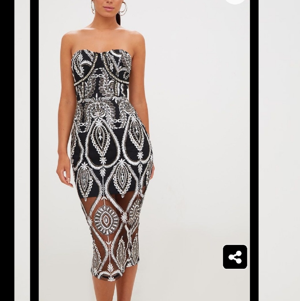 Premium Black Sequin Embroidered Bandeau Midi Dres